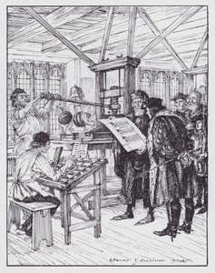 William Caxton ve své tiskárně (litho)