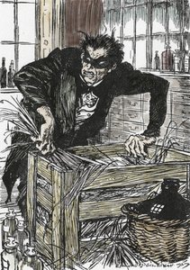 Doktor jekyll zoufale hledá prášky, které mu dovolují ztrapnit jeho postavu pana Hyda, Ilustrace Edmunda Josepha Sullivana (1869-1933) k románu L