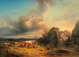 Stádo zvířat a figurálních doplňků před širou krajinou