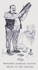 Bohémská Paříž: Monsieur Darblay krájí chléb na sou (litografie)