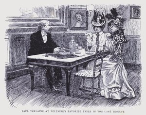 Bohémská Paříž: Paul Verlaine u Voltairova oblíbeného stolu v kavárně Procope (litografie)