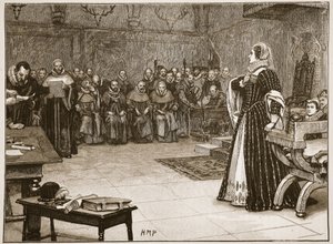 Proces s Mary Queen of Scots v zámku Fotheringhay, ilustrace z „Cassell