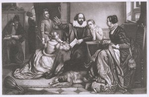 Shakespeare se svou rodinou ve Stratfordu, recitace tragédie Hamleta (tečkovaná rytina a lept)