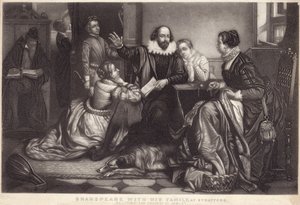 Shakespeare se svou rodinou ve Stratfordu na Avonu, recitující tragédii Hamleta