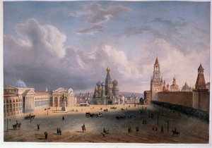 Pohled na Rudé náměstí v Moskvě (Rusko). Dílo Edouarda Jeana Marie Hosteina (1804-1889), litografie kolorovaná akvarelem, cca 1830, francouzské umění 19. století. A. Pushkin Memorial Museum, Petrohrad. od Edouard Jean Marie Hostein