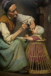 Stará žena krmí svou vnučku drženou v proutěném chodítku, Edouard Jerome Paupion od Edouard Jerome Paupion