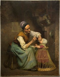 Stará žena krmí svou vnučku drženou v proutěném chodítku, Edouard Jerome Paupion od Edouard Jerome Paupion