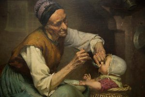Stará žena krmí svou vnučku drženou v proutěném chodítku, Edouard Jerome Paupion od Edouard Jerome Paupion