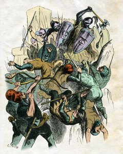 Illustration für "Ivanhoe" von Walter Scott: Kampfszene, Belagerung einer Burg