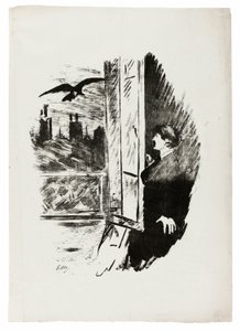 U okna ("Otevři sem, hodil jsem okenici..."), z The Raven (Le Corbeau) od Édouard Manet