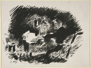 Pod lampou, první ilustrace Mallarmého překladu Poeova „Havrana“ od Édouard Manet