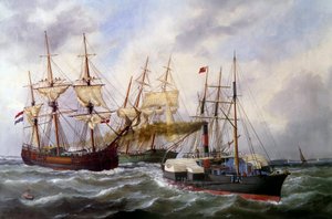 Dva přívěsy se třemi rohožemi od Le Neptune au Havre v roce 1882 Malba Edouarda Adama (1847-1929) 1882 Paříž, Musee de la Marine