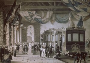Královna Viktorie (1819-1901) a princ Albert (1819-61) přijíždějící na Gosport Station, Hampshire, vyryto Bayot & Cuvilier, 1846
