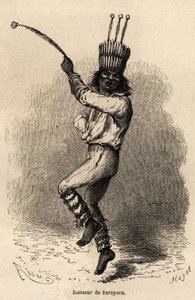 Tanečnice v Sarayacu (Peru), kresba Riou, k ilustraci cesty Paula Marcoye z Tichého oceánu do Atlantského oceánu v letech 1848 až 1860. Rytina v „“Le tour du monde“, editoval Edouard Charton od Edouard Riou