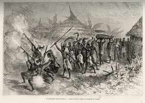 Pohřeb v Siene-re (Siene Re), ve Fourou (Mali), průvod funebre přešel vesnici, vedený ozbrojenými muži z rodiny zesnulého, následoval ženy s kravskými ohony a tělo zesnulého, svázané v rohož. Rytina Riou, k ilustraci od Edouard Riou
