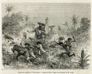 Gang dětí lovil motýly, doprovázený autorem, Villavicensio (Kolumbie), kresba Riou, pro ilustraci příběhu Equinoxiale America (Kolumbie, Ekvádor, Peru), v letech 1875-1876, od Ed. andre, cestovatel pověřený misí F od Edouard Riou