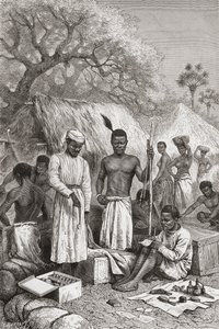 Abdullah Souzi, Jacob Wainright a James Chouma, tři sluhové Dr. Davida Livingstonea, provádějící inventuru jeho věcí po jeho smrti v roce 1873, ilustrace z „The World in the Hands“, vyryl Charles Barbant od Edouard Riou