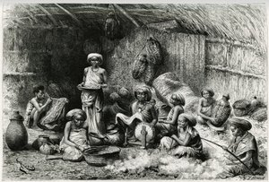 Odpoledne u oblíbeného šejka z Gobronů, ženské aktivity: vyšívání a předení vlny, proutí a keramika. Rytina od Riou pro ilustraci příběhu „“ Voyage chez les Benadir, les somalis et les Bayoun“ v letech 1882-1883 od Georgese Rev. od Edouard Riou