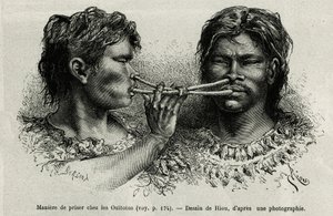 Nástroj vyrobený z ptačí kosti a způsob šňupání mezi indiány ouitotos (uitoto), foukající unisono, současně posílají úlovek. Rytina od Riou, pro ilustraci příběhu Cayenne aux Andes, od Julese Crevauxe, doktora francouzského námořnictva, od Edouard Riou