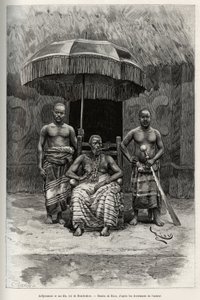 Ardjoumani (zemřel 1892) a jeho synové, král Bondoukou (Pobřeží slonoviny). Rytina od Riou pro ilustraci příběhu „“ Z Nigeru do Guinejského zálivu““ od kapitána Louise Gustava Bingera (1856-1936), v letech 1887-1889, v Le tour du monde, nouveau journal des od Edouard Riou
