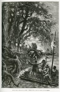 Příjezd voru Dr. Crevauxe a E. Lejeanne na březích hraničících s vesnicí Mitouas. Rytina od Riou, pro ilustraci průzkumné cesty přes Novou Granadu a Venezuelu, od doktora Crevauxe, prvotřídního lékaře námořnictva a E. Leje od Edouard Riou