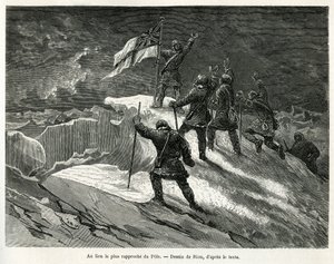 Kapitán George Strong Nares (1831-1915) zasadil britskou vlajku na místo nejblíže pólu, kresbu Riou, aby ilustroval příběh o plavbě k polárnímu moři v letech 1875-1876 od kapitána G.S.Narese. Rytina v Le tour du monde od Edouard Riou