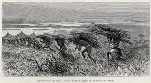 Zajatci nesoucí dřevo v buši. Rytina od Riou, pro ilustraci příběhu „“ Z Nigeru do Guinejského zálivu“, od kapitána Louise Gustava Bingera (1856-1936), v letech 1887-1889, v Le tour du monde, nouveau journal des voyages, pod vedením z Edouaru od Edouard Riou
