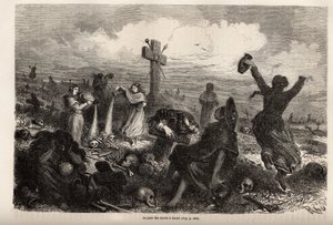 Oslava fete des morts v Cuzcu, kresba Riou, k ilustraci cesty Paula Marcoye Jižní Amerikou v letech 1848 až 1860. Rytina „“Le tour du monde“, editoval Edouard Charton od Edouard Riou