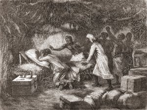 Smrt Dr. Livingstone ve vesnici Tchitammbo, Afrika, v roce 1873, ilustrace z "The World in the Hands", vydáno 1878 od Edouard Riou