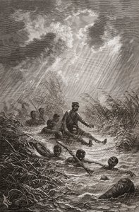 Dr. David Livingstone, kterého nosiči během své expedice do Afriky v roce 1872 nesli močálem, ilustrace z „The World in the Hands“, vyryl Charles Laplante od Edouard Riou