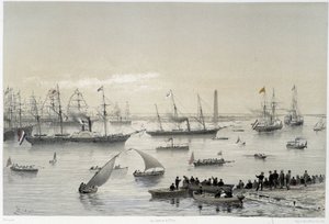 Vstup panovníka do Suezského průplavu v Port Said v „“ Inaugurace Suezského průplavu G. Nicole. 1869 od Edouard Riou