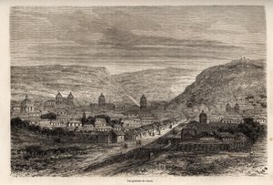 Celkový pohled na Cusco nebo Cusco, bývalé hlavní město Inků, kresba Riou, která ilustruje cestu Paula Marcoye Jižní Amerikou od roku 1848 do roku 1860. Rytina v „“Le tour du monde“, editoval Edouard Charton od Edouard Riou