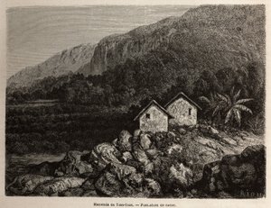 Hacienda od Tian Tian, Peru a kakaová plantáž, kresba Riou, k ilustraci cesty Paula Marcoye Jižní Amerikou v letech 1848 až 1860. Rytina „“Le tour du monde““, editoval Edouard Charton od Edouard Riou