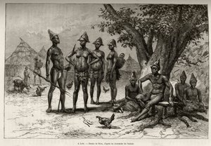 V Lera (nebo Dera, Niger), typy Mandes. Rytina Riou pro ilustraci příběhu „“ Z Nigeru do Guinejského zálivu““ od kapitána Louise Gustava Bingera (1856–1936), v letech 1887–1889, v Le tour du monde, nouveau journal des voyages, pod vedením od Edouard Riou
