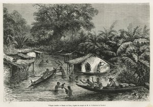 Vesnice Inondes, kresba Riou, k ilustraci příběhu o cestě do Gabonu a řeky Ogoue v letech 1875-1877 od Alfreda Marche. Rytina v Le tour du monde od Edouard Riou