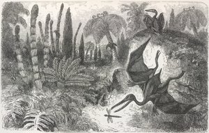 „Krajina období Liasic“. Ilustrace zobrazující pterodaktyla od Edouard Riou