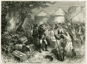 Poručík Valliere se brání proti obyvatelům Sibi (nebo Siby), mandingské vesnice v Horním Nigeru (dnešní Mali), jejíž obyvatelé byli velmi rozrušeni příchodem průzkumného oddílu. Rytina Riou, na základě skici od od Edouard Riou
