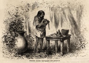 Výroba keramiky indiána Conibo z Peru, kresba Riou pro ilustraci cesty P. Marcoye v letech 1848 až 1860 z Tichého oceánu do Atlantského oceánu. Rytina v „“Le tour du monde““, editoval Edouard Charton od Edouard Riou