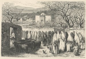 Marabout a procesí: Tlemcen, vyryl Henri Theophile Hildibrand (1824-97) od Edouard Riou