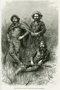 Členové výpravy: pan Thouar (prodlužující se), pan Novis (stojí vlevo) a pan Valverde (stojí vpravo). Rytina Riou pro ilustraci příběhu Voyage dans le Chaco Boreal od Edouard Riou