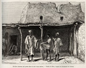 Muslimští školáci za zpěvu modlitby na nádvoří domu, praktikovaného v zemi Kong (Niger), školáci dostávají hrst cauris, kterou odevzdávají svému učiteli a která odpovídá jakési dani za veřejné školství. od Edouard Riou