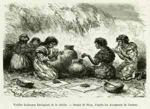 Staré indické ženy vyrábějící šíšu. Rytina Riou pro ilustraci příběhu Cesta v deltě Pilcomayo az Buenos Aires do Sucre od Edouard Riou