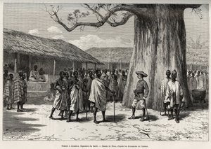Palabre a Aouabou (Pobřeží slonoviny). Podpis obchodní smlouvy na dvoře Anno s portrétem autora. Rytina od Riou pro ilustraci příběhu „“ Z Nigeru do Guinejského zálivu““ od kapitána Louise Gustava Bingera (1856-1936), v letech 1887-1 od Edouard Riou
