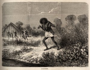 Panika mezi indiány Conibos, kteří uprchli při příjezdu expedice Paula Marcoye poblíž Tumbaya (Peru), který se sám stal obětí zlého zaklínadla starého Indiána, kresba Riou pro ilustraci plavby P. v letech 1848 až 1860. Marcoy, z th od Edouard Riou