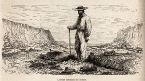 Paul Marcoy exhumant des mumies Incas (Bas Peru), rytina E.Riou ilustrující cestu v horách, údolí Huarancalqui a regionech Pjonal, od roku 1862 do roku 1863, od Paul Marcoy, publikovaná v „Le tour du monde“ “ 1875, editoval Edou od Edouard Riou