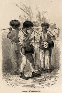 Hráči na hudební nástroje v Sarayacu (Peru), kresba Riou, k ilustraci cesty Paula Marcoye z Tichého oceánu do Atlantského oceánu v letech 1848 až 1860. Rytina „“Le tour du monde““, editoval Edouard Charton od Edouard Riou
