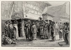 Hrající ušní ozdoby dívkám Batak, etnická skupina severní Sumatry. Rytina od Riou pro ilustraci příběhu „Rok v Malajsii“, od Julese Clainea (1856-1939) od Edouard Riou