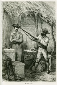 Portrét autora Victora Girauda, lodního praporčíka a jeho cestovatele Montagu Kerra, lovce. Rytina Riou pro ilustraci příběhu Les lacs de l