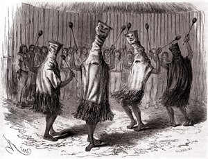 Rituální tanec peruánských indiánů Ticuna v převlecích a maskách od Edouard Riou