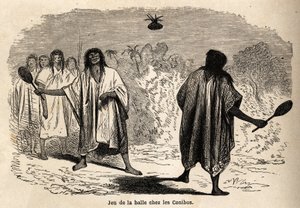 Míčová hra mezi indickými koniby z Peru, kresba Riouem pro ilustraci cesty P. Marcoye z Tichého oceánu do Atlantského oceánu v letech 1848 až 1860. Rytina v „“Le tour du monde““, editoval Edouard Charton od Edouard Riou